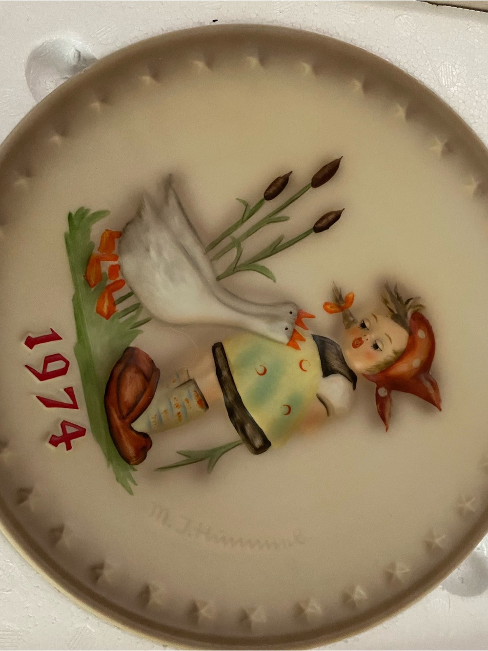 Goebel Cream Plate with Hand-Painted Child and Goose Motif